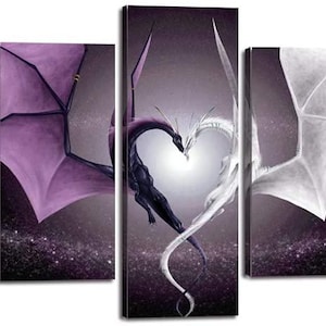 May include: A five-panel canvas art piece featuring a fantasy theme. The central panel depicts two dragons forming a heart shape, one black and one white, against a starry background. The wings are purple and white.