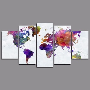 May include: A five-panel canvas art piece depicting a watercolor world map. The continents are rendered in vibrant hues of purple, blue, green, orange, and red against a white background. The artwork is mounted on a gray background.