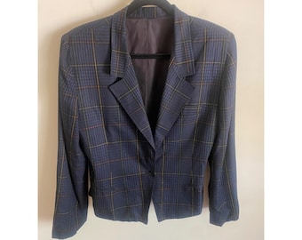 David N Vintage Navy Blue Plaid Windowpane Blazer Single Button Cropped Jacket