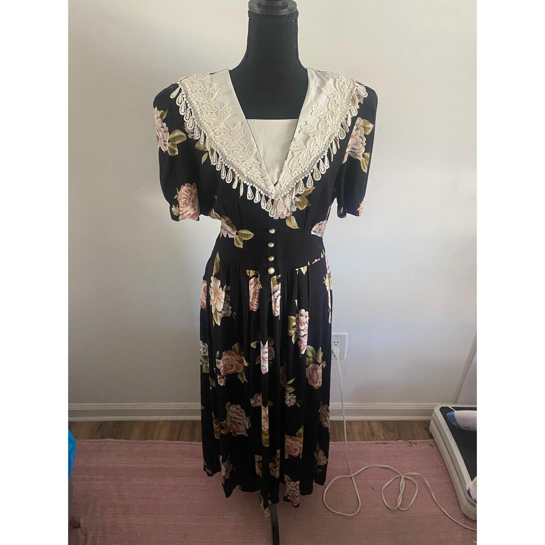 Vintage Black Floral Maxi Dress Puff Sleeve Lace Collar Button Front ...