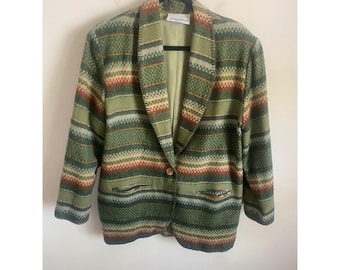 Samantha Vintage Southwestern Stripe Blazer Jacket Green Rust Large Made in USA