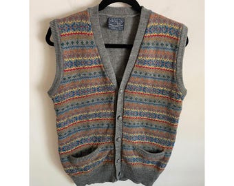 Vintage Cross Bay Mens Fair Isle Sweater Vest Gray Multi Button Front Size M