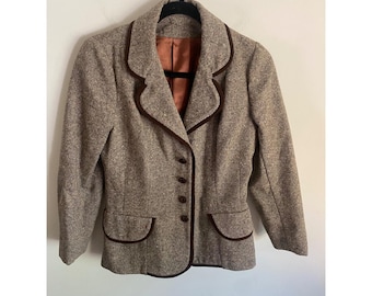 Vintage Mary-Lane Brown Wool Tweed Blazer Jacket Contrast Piping Speckled Tan