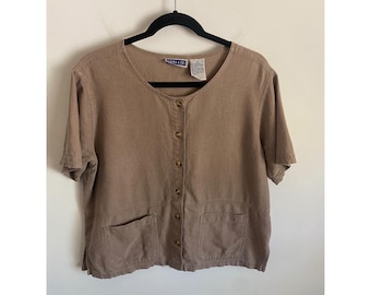 Erika & Co Women Brown Linen Cotton Short Sleeve Button Down Blouse Size S