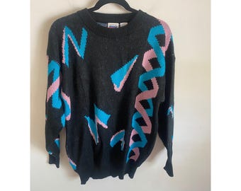 Voyager Vintage 80s Geometric Abstract Knit Sweater Black Teal Pink Womens M