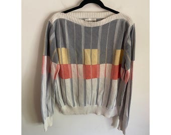Ron Chereskin Vintage 80s Colorblock Striped Boat Neck Knit Sweater Grey XL