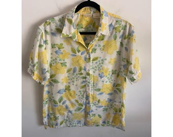 Bobbie Brooks Womens Floral Button Down Shirt Yellow Blue Short Sleeve Size L