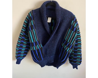 Vintage Made in Italy Wool Alpaca 3D Geometric Shawl Collar Men's Cardigan