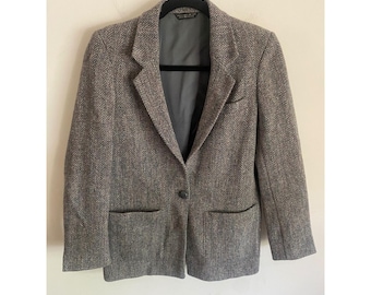 Tweeds & Tees Harris Tweed Wool Blazer Grey Herringbone Vintage USA Made Size 4