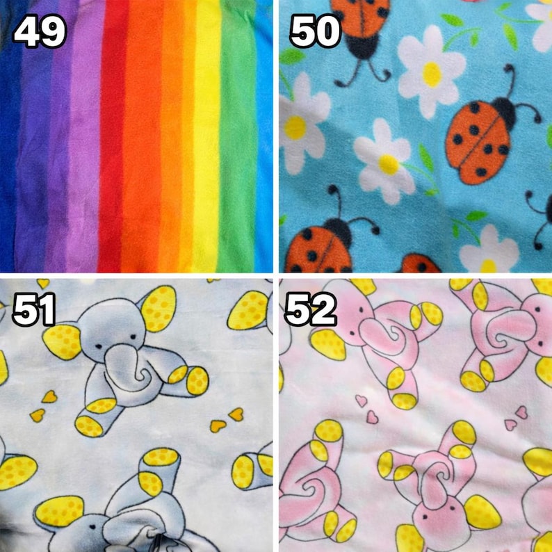Puede incluir: Un collage de cuatro patrones de tela: 49 presenta rayas verticales de arco&iacute;ris; 50 muestra mariquitas naranjas y flores blancas sobre un fondo azul claro; 51 muestra elefantes grises con orejas amarillas de lunares; 52 muestra elefantes rosas.