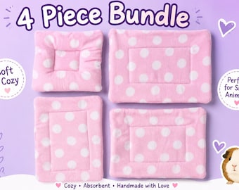4 Piece Small Animal Bedding Set | Pink Polka Dot Fleece Cage Accessories