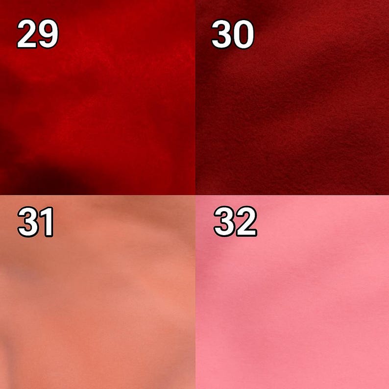 May include: A color palette featuring four swatches labeled 29, 30, 31, and 32. The colors include deep red, burgundy, peach, and pink. The swatches are square and have a textured appearance.