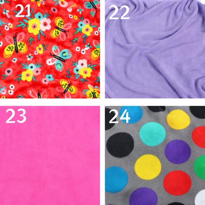 May include: Four fabric swatches. Top left: red fabric with butterflies and floral patterns. Top right: solid lavender fabric. Bottom left: solid pink fabric. Bottom right: gray fabric with colorful polka dots.