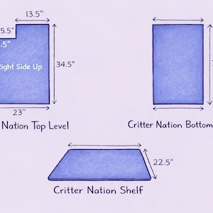 Puede incluir: Tres forros de tela azul rectangulares para jaula Critter Nation. El forro del nivel superior mide 58,4 cm por 87,6 cm con un recorte, el nivel inferior mide 87,6 cm de largo y el forro del estante mide 57,2 cm de ancho con dimensiones.