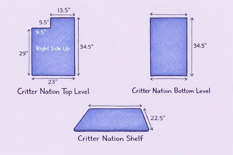 Puede incluir: Tres forros de tela azul rectangulares para jaula Critter Nation. El forro del nivel superior mide 58,4 cm por 87,6 cm con un recorte, el nivel inferior mide 87,6 cm de largo y el forro del estante mide 57,2 cm de ancho con dimensiones.