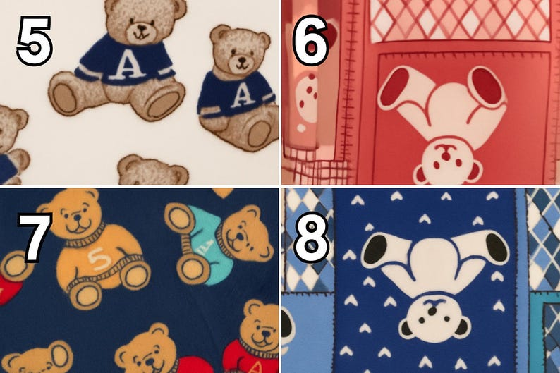 May include: A collage of teddy bear patterns. One features tan bears wearing blue sweaters with the letter "A". Another shows a red and white design with a bear. Other patterns include bears with numbers and upside-down bears on blue fabric.