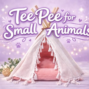 May include: A pink and white teepee-style pet bed with a pink cushion inside. The text "Tee Pee for Small Animals" is written in a decorative font above the bed. The background is a soft purple with sparkles.