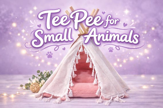 Small Animal Teepee Bed – Anti-Pill Fleece Hideout with Polyfill Stuffed Pillow, Wooden Poles & Leather Tie – Guinea Pig and Chinchilla Tent