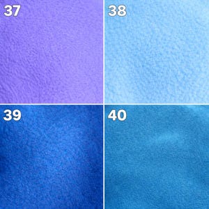 Puede incluir: Una cuadr&iacute;cula de cuatro muestras de tela con una textura suave y difusa. Cada cuadrado est&aacute; etiquetado con un n&uacute;mero blanco en la esquina superior izquierda: 37 es morado brillante, 38 es azul cielo claro, 39 es azul real intenso y 40 es azul turquesa.