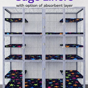 Puede incluir: Una jaula de alambre grande para animales peque&ntilde;os con m&uacute;ltiples niveles cubiertos con forros de tela negra estampados con estrellas coloridas. El texto dice Critter/Ferret Nation Cage Liners with option of absorbent layer y HANDMADE CUSTOM FIT.