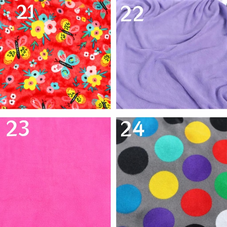 Puede incluir: Cuatro muestras de tela numeradas del 21 al 24. La muestra 21 es roja con mariposas y flores coloridas. La muestra 22 es de color morado claro s&oacute;lido. La muestra 23 es de color rosa brillante s&oacute;lido. La 24 es gris con lunares multicolores.