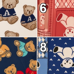 Puede incluir: Un collage de cuatro patrones de tela con osos de peluche. La secci&oacute;n 5 muestra osos marrones con su&eacute;teres azules con la letra A. La secci&oacute;n 6 muestra siluetas de osos blancos sobre rojo. La secci&oacute;n 7 muestra osos con su&eacute;teres coloridos sobre azul.