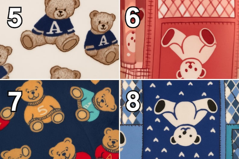 Puede incluir: Un collage de cuatro patrones de tela con osos de peluche. La secci&oacute;n 5 muestra osos marrones con su&eacute;teres azules con la letra A. La secci&oacute;n 6 muestra siluetas de osos blancos sobre rojo. La secci&oacute;n 7 muestra osos con su&eacute;teres coloridos sobre azul.