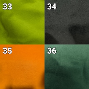 Puede incluir: Una cuadr&iacute;cula de cuatro muestras de tela numeradas. El n&uacute;mero 33 es un verde lima brillante, el 34 es un negro carb&oacute;n texturizado, el 35 es un naranja s&oacute;lido vibrante y el 36 es un verde bosque profundo. Cada cuadrado muestra un color distinto.