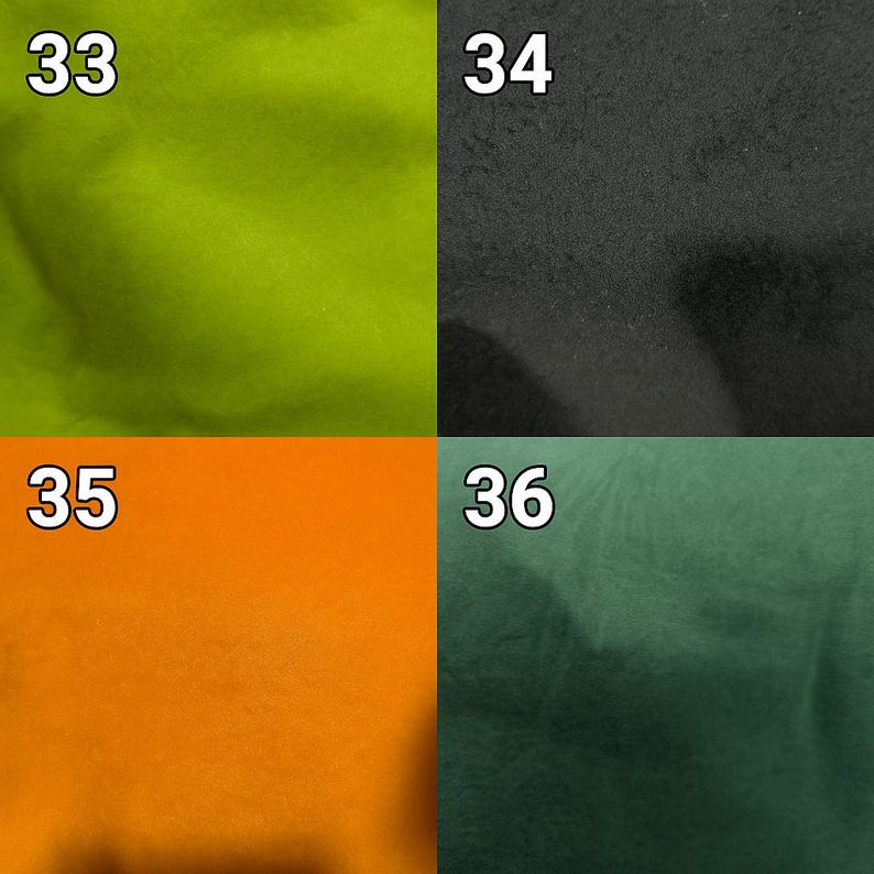 Puede incluir: Una cuadr&iacute;cula de cuatro muestras de tela numeradas. El n&uacute;mero 33 es un verde lima brillante, el 34 es un negro carb&oacute;n texturizado, el 35 es un naranja s&oacute;lido vibrante y el 36 es un verde bosque profundo. Cada cuadrado muestra un color distinto.