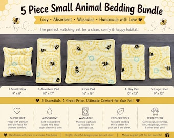 5-Piece Small Animal Bedding Bundle | Fleece Pillow, Pads, Cage Liner (Guinea Pig, Rat)