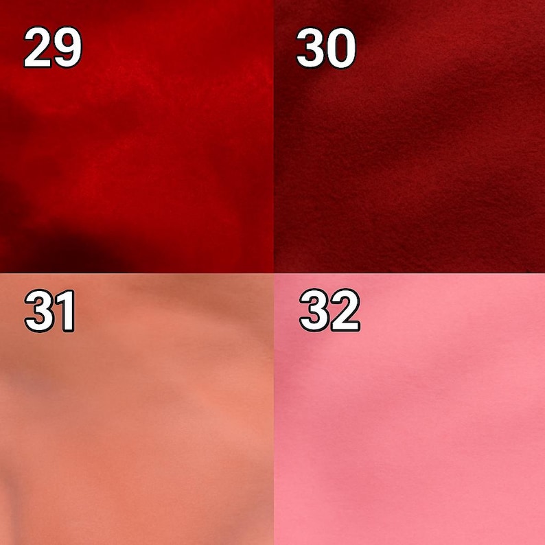 Puede incluir: Una cuadr&iacute;cula de cuatro muestras de tela etiquetadas con n&uacute;meros blancos. El n&uacute;mero 29 es rojo brillante, el 30 es rojo oscuro intenso, el 31 es color melocot&oacute;n o coral claro, y el 32 es rosa claro s&oacute;lido. Cada cuadrado muestra color y textura.
