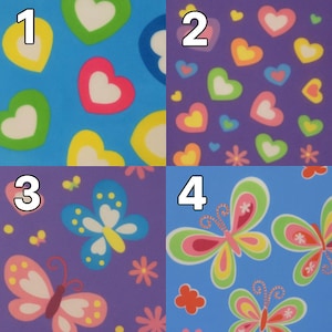 Puede incluir: Una cuadr&iacute;cula de cuatro paneles con patrones coloridos. El panel 1 muestra corazones amarillos, verdes y rosas sobre fondo azul. El panel 2 tiene corazones multicolores y peque&ntilde;as flores sobre fondo morado. El panel 3 muestra mariposas azules y rosas sobre fondo morado. El panel 4 muestra mariposas sobre fondo azul.
