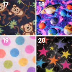 May include: A collage of four fabric patterns. Top left: brown monkeys on a navy background. Top right: planets and stars on a purple background. Bottom left: multi-colored polka dots on white. Bottom right: colorful stars on a black background.
