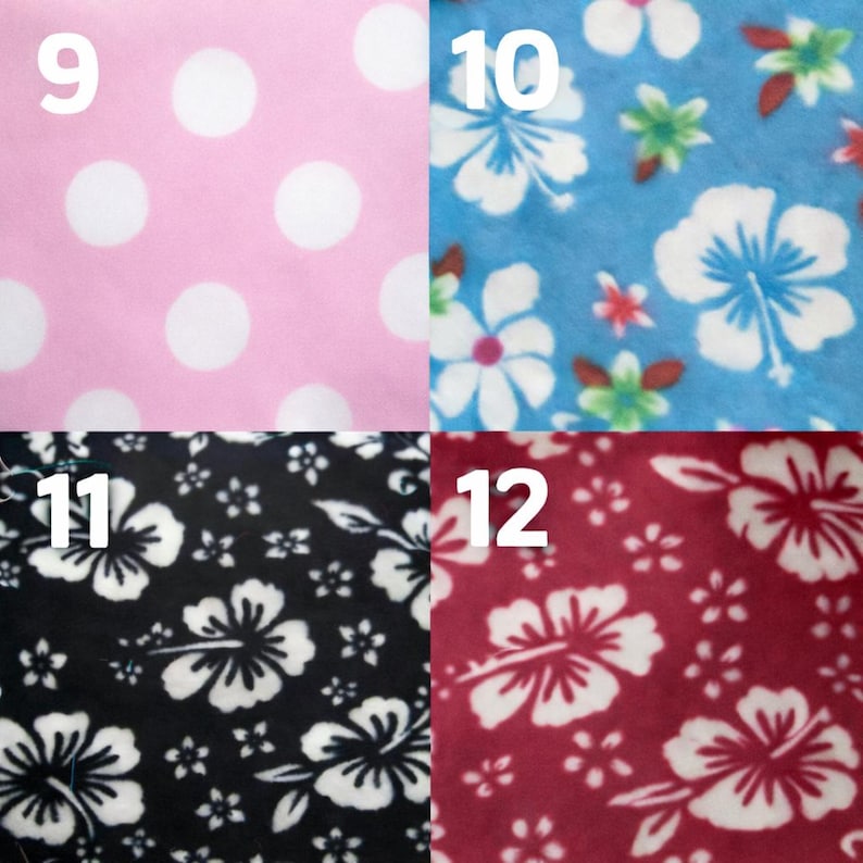 Puede incluir: Un collage de cuatro patrones de tela numerados del 9 al 12. El patr&oacute;n 9 es rosa con lunares blancos. El patr&oacute;n 10 es azul con flores de hibisco blancas y verdes. El patr&oacute;n 11 es negro con flores de hibisco blancas. El patr&oacute;n 12 es granate con flores.
