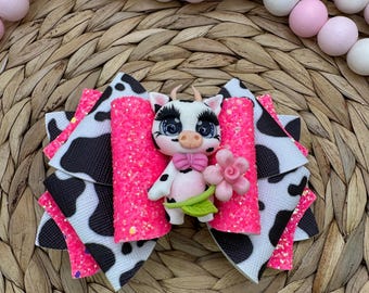 Cow Print  Bow – 4” Pink Glitter Hair Clip for Girls