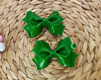Green Hair Bows, Handmade Accessories, Sparkly Green Bows