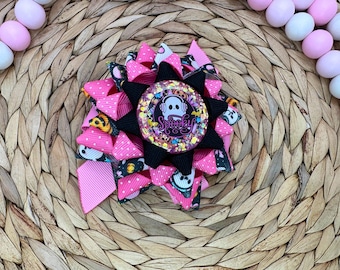 Pink & Black Spooky Bow. 4” Star Ribbon Bow on Alligator Clip.