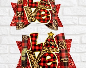 LOVE Bow, Red Glitter, Leopard Print and Buffalo Plaid, Rustic Holiday, Christmas Hair Bow