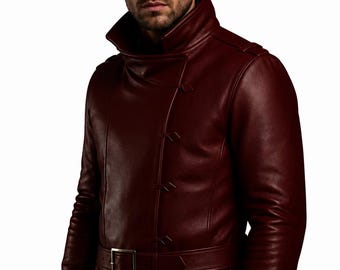 Red Leather Trench Coat for Men | Futuristic Sci-Fi Cyberpunk Jacket Inspired by I, Robot