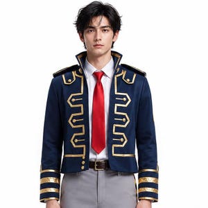 May include: A dark blue military-style jacket featuring gold trim, shoulder epaulets, and gold buttons. The jacket is worn over a white collared shirt with a solid red necktie and paired with light gray trousers featuring a brown leather belt.