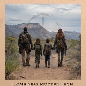 May include: Book cover titled "Survival Guide to Societal Collapse: Desert Region Edition." The image shows a family walking away from the viewer on a desert path. The text reads "Combining Modern Tech and Indigenous Wisdom."