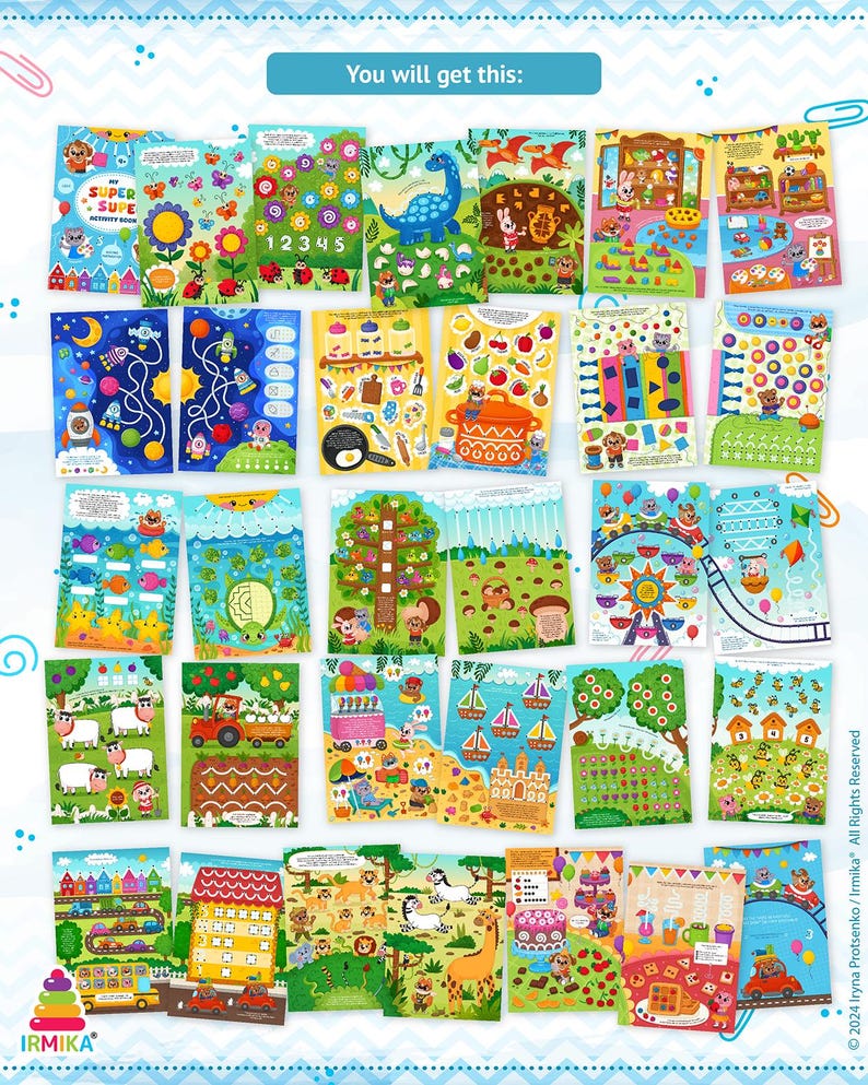May include: A collection of colorful activity books with various illustrations, including animals, mazes, and educational themes. The text "You will get this:" is visible at the top. The books feature vibrant designs and are suitable for children.