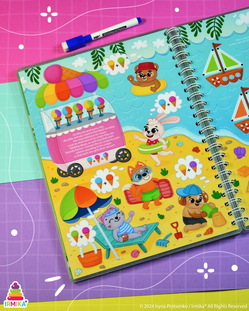 May include: A spiral-bound activity book with a beach theme. The illustrations include an ice cream truck, cartoon animals, and ice cream cones. A blue and white marker rests on the top. The text reads "On this hot and sunny day..."