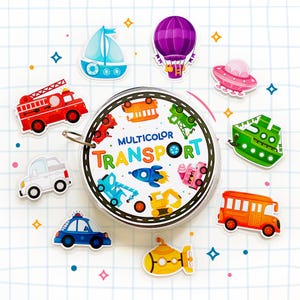 May include: A collection of colorful transport-themed stickers, including a red fire truck, a blue police car, and a yellow submarine. The stickers surround a circular container with the words "MULTICOLOR TRANSPORT".