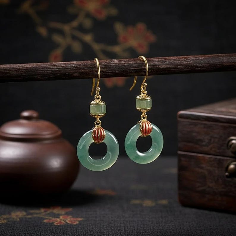 Ice Blue Jadeite Earrings, Natural Healing Crystal Gemstone, Light Blue Red Burmese Earrings 1 Pair, Vintage Translucent Jade Stone Jewelry image 2