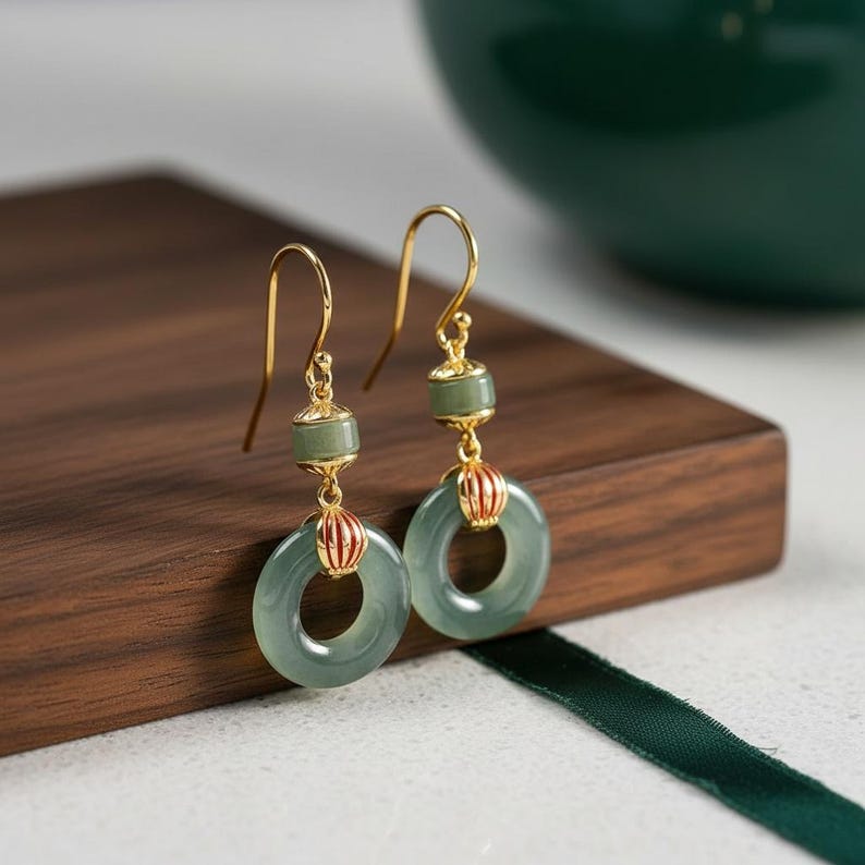 Ice Blue Jadeite Earrings, Natural Healing Crystal Gemstone, Light Blue Red Burmese Earrings 1 Pair, Vintage Translucent Jade Stone Jewelry image 4