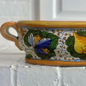 Vintage Italian Majolica Double Handled Bowl, Hand Painted Made in Italy Ceramic Centerpiece, Mediterranean Tuscan Decor, Decorative Bowl