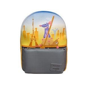 May include: A gray and yellow backpack featuring a scene from the animated film "Ratatouille." The top portion displays a colorful illustration of Remy and Emile in a boat. The backpack has a gray front pocket with a zipper and the "PIXAR Loungefly" logo.