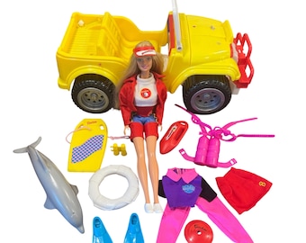 Vintage 1994 Barbie Baywatch Jeep With Baywatch Lifeguard & Accessories