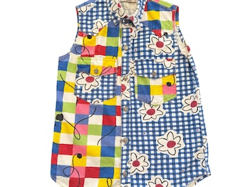 Vintage 90’s LA Gear Denim Patchwork Vest Floral Check Colorful Sz Small